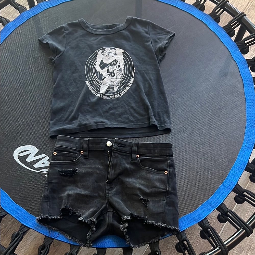 John Galt Brandy Melville Crop Black Graphic Tee and AE  Shorts Set
